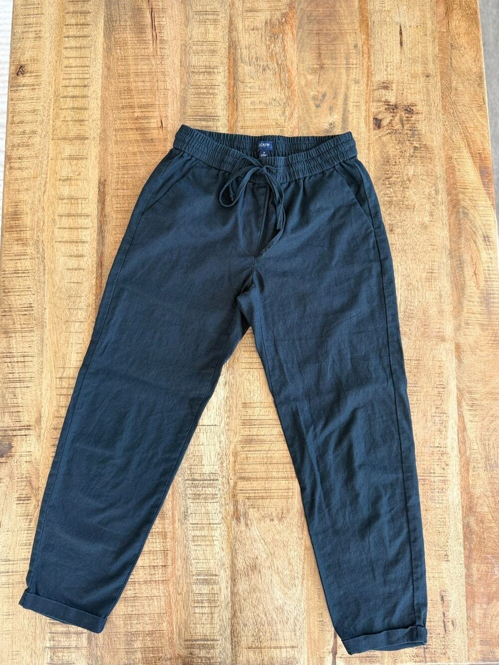 J.Crew Women's 2 Black Linen Blend Pull-On Pants Drawstring Cuffed Ankle
